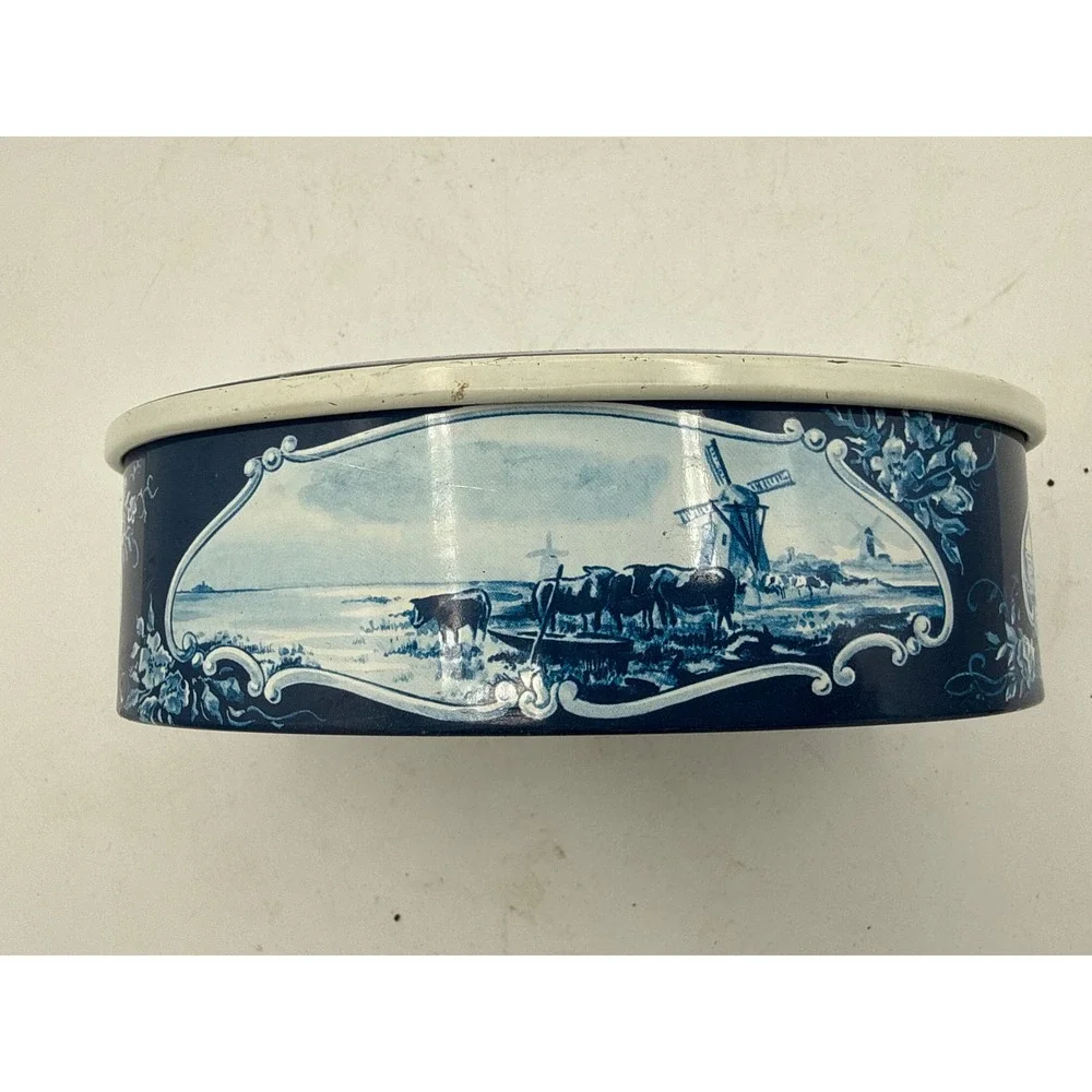 Droste Haarlem Holland Vintage Oval Metal Tin Blue White Nautical Sailing Ship